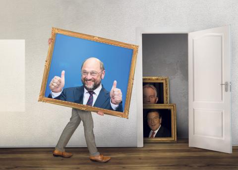 Fotomontage: Ein Bilderrahmen mit einem Porträt von Martin Schulz wird abgehängt