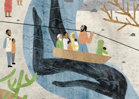 Illustration von Flüchtlingen in einem Boot - ein Mann zieht das Boot an einem Seil über den Fluss