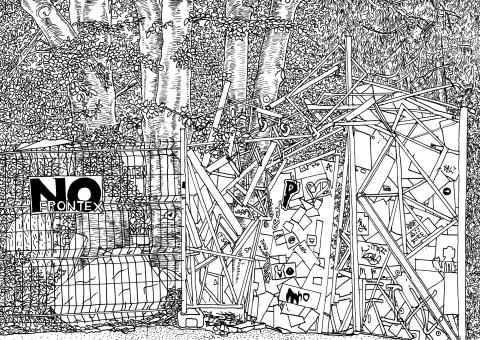 Illustration von Ingo Giezendanner, grrrr.net: Absperrgitter und selbstgebauter Zaun vor Bäumen mit Aufklebern und politischen Parolen auf dem Koch-Areal