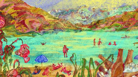 Illustration von Franziska Meyer: Landschaft mit See und badenden Menschen, im Vordergrund Blumen und ein Kübel mit gekühlten Getränken
