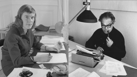 Gegenüberstellung von 2 Fotos: Ingeborg Bachmann und Max Frisch beim Schreiben