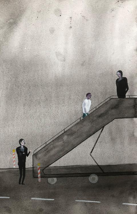 Illustration: eine Person besteigt über eine Treppenrampe ein Flugzeug