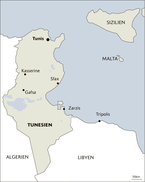 Karte von Tunesien am Mittelmeer