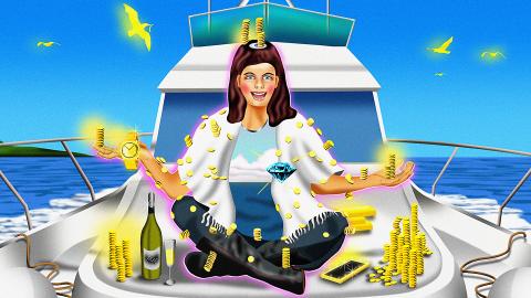 Illustration: Eine Frau sitzt auf einem Motorboot und umgeben von Goldmünzen und Champagner, darüber kreisen goldene Möven