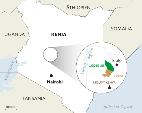 Karte von Kenia mit den Schutzgebieten Leparua und Lewa