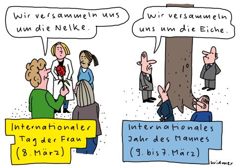 Cartoon von Ruedi Widmer zum Internationalen Tag der Frau (Legenden: Internationaler Tag der Frau, 8. März. Internationales Jahr des Mannes, 9. bis 7. März): vier Frauen stehen beieinander («Wir versammeln uns um die Nelke.») und vier Männer stehen um einen Baum («Wir versammeln uns um die Eiche.»)