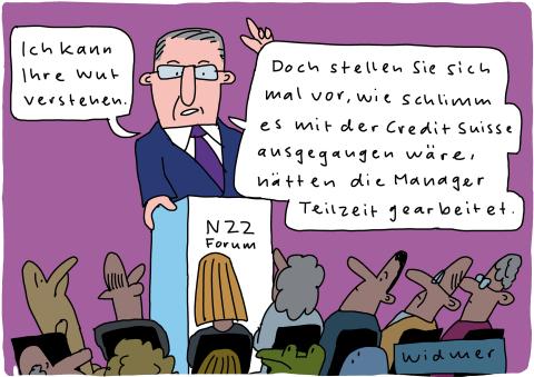 Cartoon von Ruedi Widmer: Ein Manager erklärt Kleinanlegern: «Ich kann Ihre Wut verstehen. Doch stellen Sie sich mal vor, wie schlimm es mit der Credit Suisse ausgegangen wäre, hätten die Manager Teilzeit gearbeitet.»