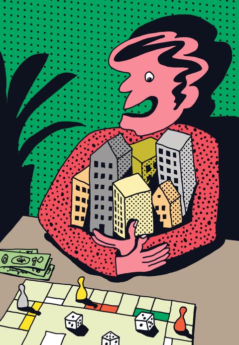 Illustration: eine Person spielt das Spiel Monopoly und hält viele Häuser in der Hand