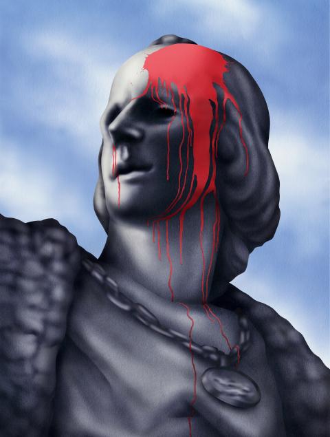 Illustration von Céline Ducrot: eine Statue mit einem roten Farbklecks am Kopf
