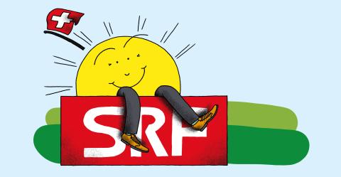 Illustration: das SVP-Sünneli sitzt auf dem SRF-Logo