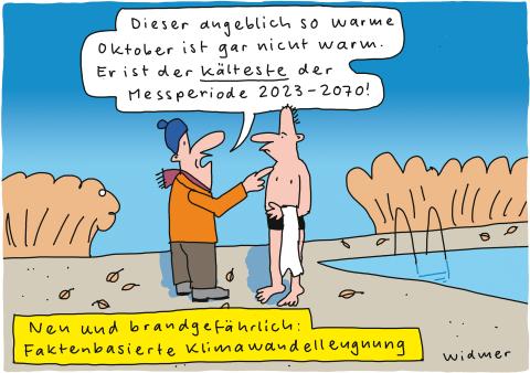 Cartoon von Ruedi Widmer: Warme Herbsttemperaturen