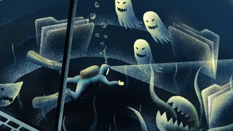 Illustration von Marcel Bamert: ein Taucher in trübem Gewässer zwischen Haifischen, Geistern, Dateiordnern und Monstern