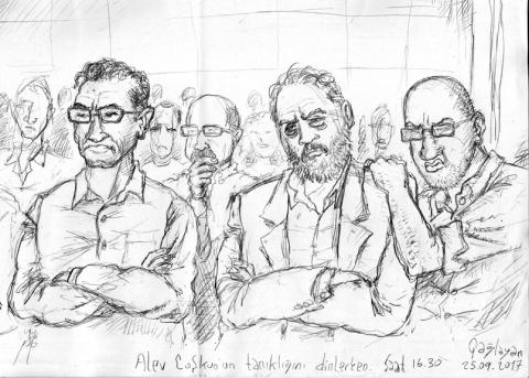 Gerichtszeichnung: «Cumhuriyet»-Mitarbeiter Kadri Gürsel, Murat Sabuncu und Ahmet Sik
