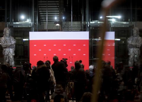 Szene in der SPD-Zentrale in Berlin vor der Pressekonferenz am 7. Februar 2018