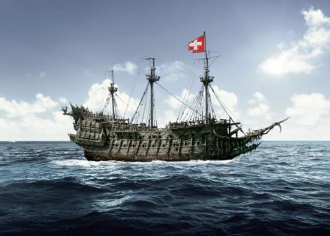 Fotomontage: Altes Schiff auf hoher See mit Schweizer Flagge