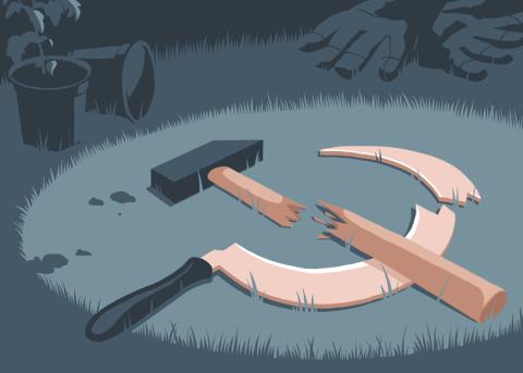 Illustration: Hammer und Sichel liegen zerbrochen im Gras