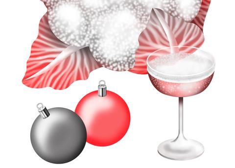 Illustration von Alina Günter: Sektglas und Weihnachtskugeln