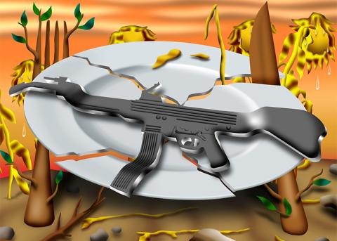 Illustration von Luca Schenardi: Sturmgewehr auf einem zerbrochenen Teller