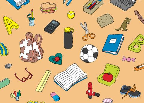 Illustrationen von Samuel Schuhmacher: Gegenstände aus dem Schulalltag