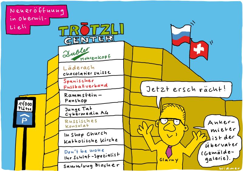 Cartoon von Ruedi Widmer: «Trötzli Shopping Center» in Oberwil-Lieli