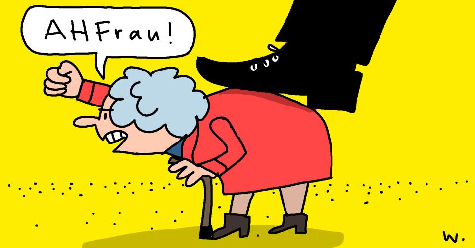 Cartoon von Ruedi Widmer: Eine alte Frau ruft «AHFrau!»