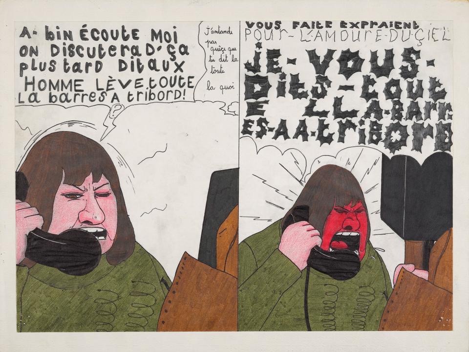 Illustration von Denis Boudouard: Schreiende Person am Telefon mit Sprechblasen