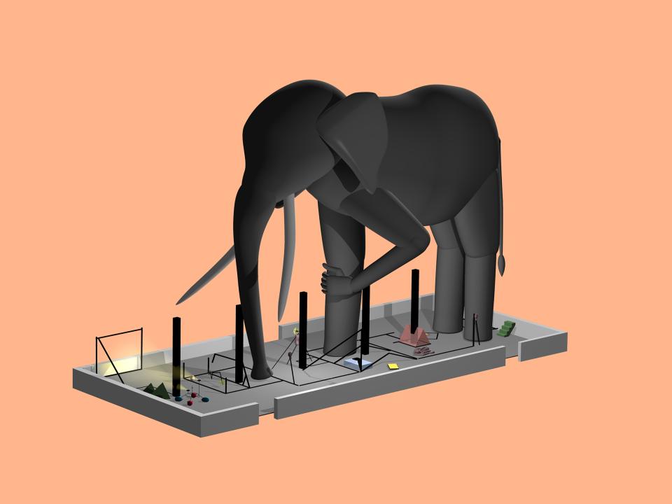 Videostill einer Animation von Yves Netzhammer: Ein Elefant mit einem vierten handähnlichen Fuss