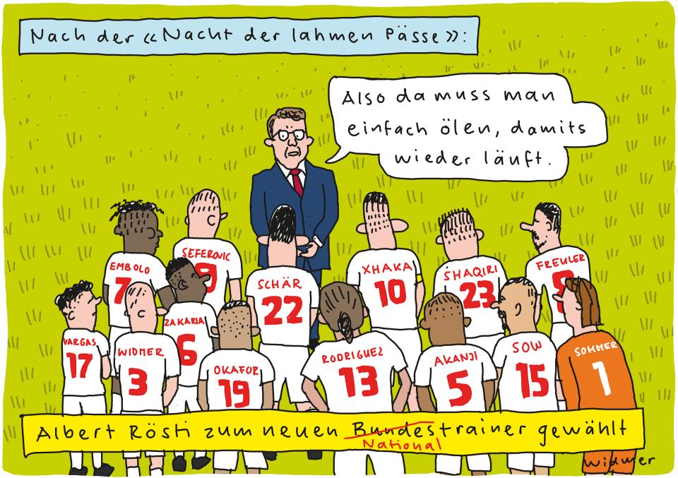 Cartoon von Ruedi Widmer zur Bundesratswahl von Albert Rösti und der Schweizer Fussballmannschaft