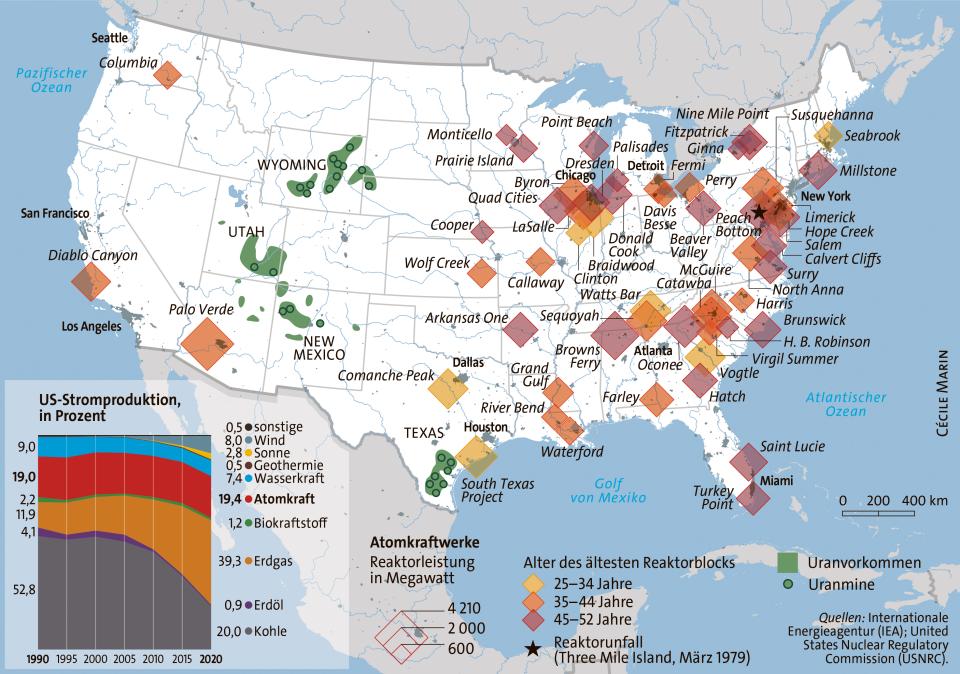 Atomkraftwerke und Uranvorkommen in den USA