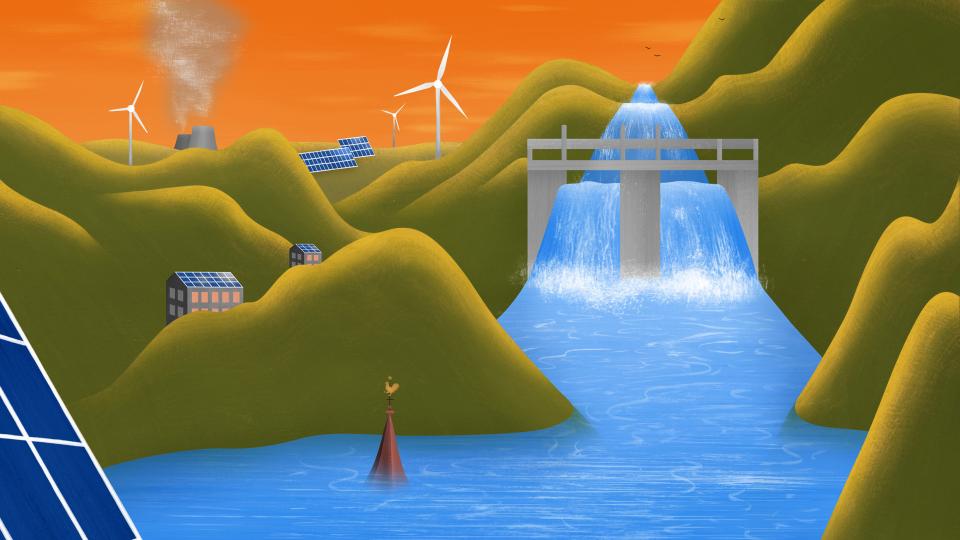 Illustration: Hügellandschaft mit Windkrafträdern und Solaranlagen, ein Flusskraftwerk und im Hintergrund zwei Schornsteine eines fossilen Kraftwerks
