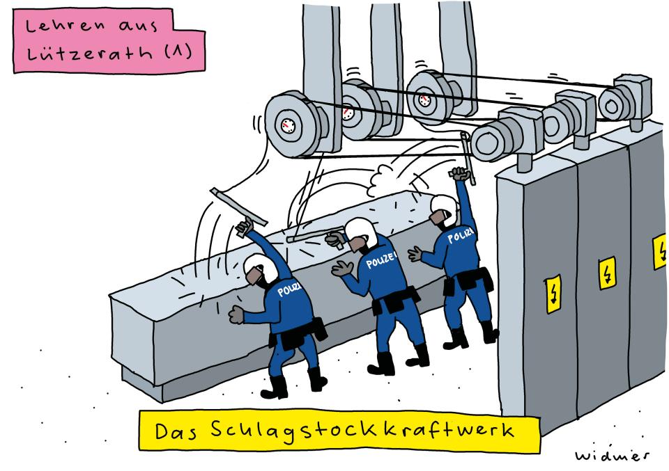 Legende zum Cartoon von Ruedi Widmer: Lehren aus Lützerath (1): Das Schlagstockkraftwerk
