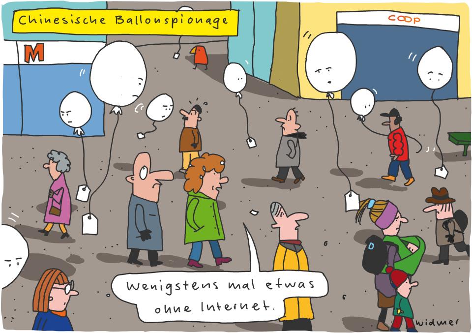 Cartoon von Ruedi Widmer: Chinesische Ballonspionage