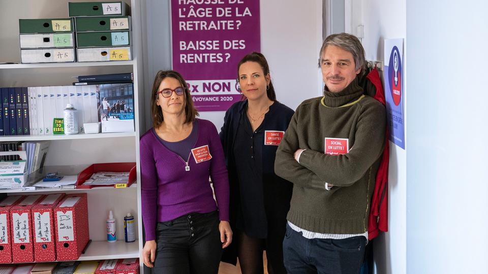 Cora Antonioli, Vanessa Monney und Raphaël Ramuz in den Büros ihrer Gewerkschaft SSP/VPOD in Lausanne