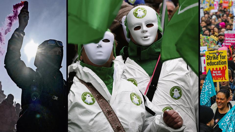 Fotomontage: 3 Fotos von Demonstrationen in Nantes, Brüssel und London nebeneinander platziert