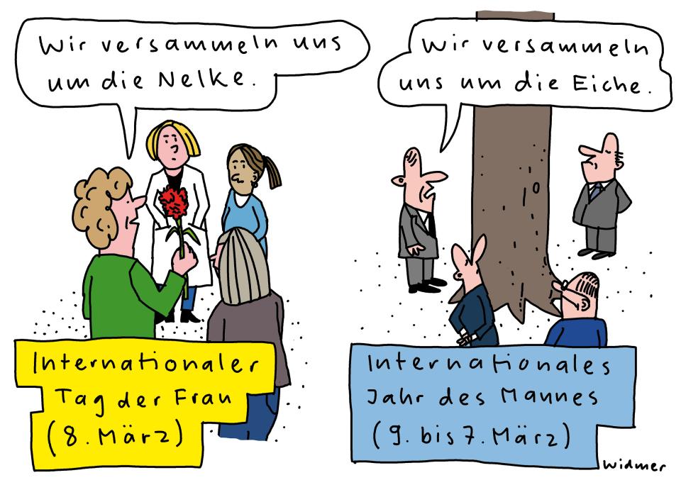 Cartoon von Ruedi Widmer zum Internationalen Tag der Frau (Legenden: Internationaler Tag der Frau, 8. März. Internationales Jahr des Mannes, 9. bis 7. März): vier Frauen stehen beieinander («Wir versammeln uns um die Nelke.») und vier Männer stehen um einen Baum («Wir versammeln uns um die Eiche.»)