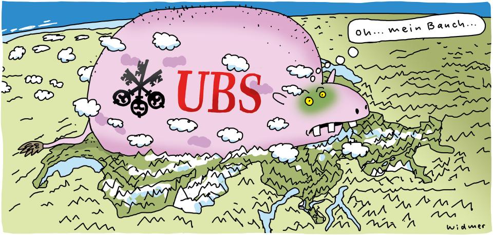 Illustration von Ruedi Widmer: die UBS-Bank als gefrässiges Monster, welches sich auf der Schweiz platziert.