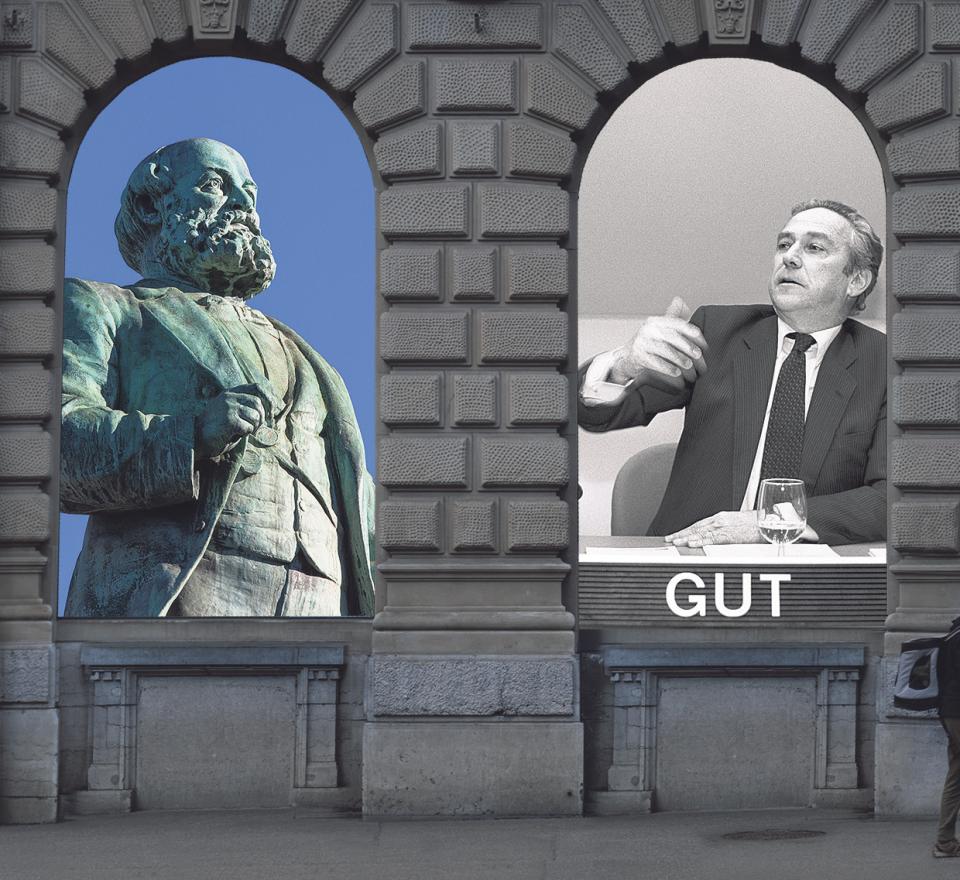 Fotomontage: Schaufenster beim CS-Hauptsitz in Zürich mit Foto der Statue von Alfred Escher, Foto von Rainer E. Gut