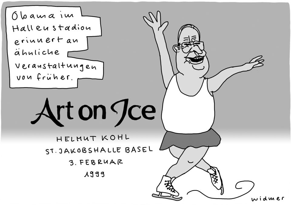 Cartoon von Ruedi Widmer zur Veranstaltung Art on Ice (Obama im Hallenstadion erinnert an ähnliche Veranstaltungen von früher: HELMUT KOHL, ST. JAKOBSHALLE BASEL, 3. FEBRUAR 1999)