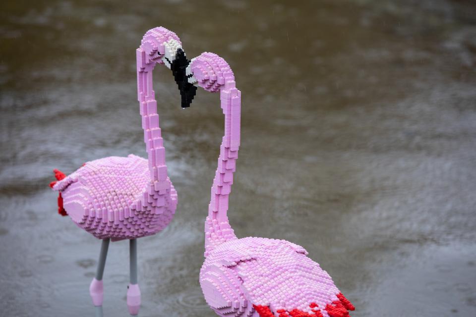 lebensgrosse Flamingos aus Legosteinen in einem Teich