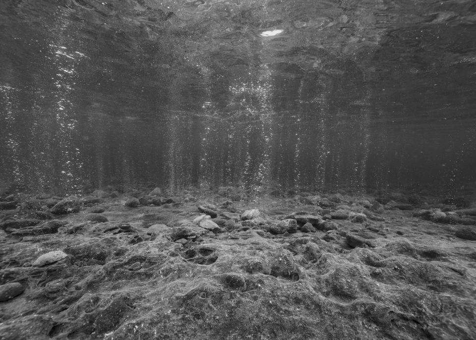 Unterwasseraufnahme: aus Sediment am Meeresgrund steigen Blasen auf, Isola Vulcano (Liparische Inseln), drei Meter unter dem Meeresspiegel