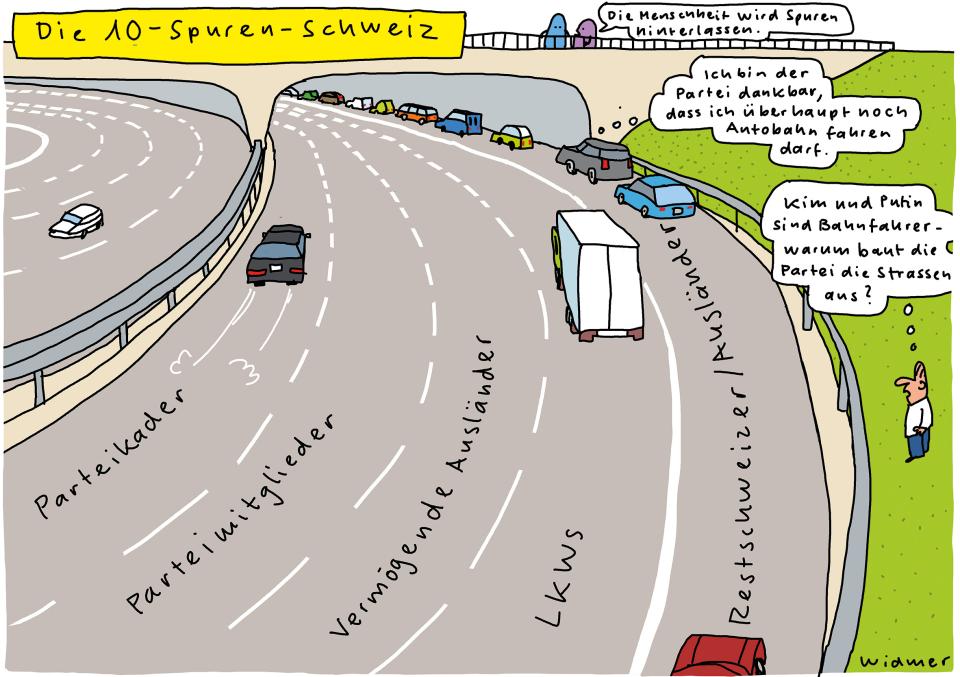 Cartoon von Ruedi Widmer zum Autobahnausbau