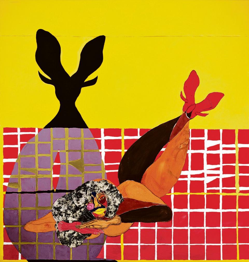 Tschabalala Self, Loner 2, 2022, Stoff, Faden, Acrylfarbe und handgestempelte ­Leinwand auf Leinwand, 213,5 × 203 × 5 cm