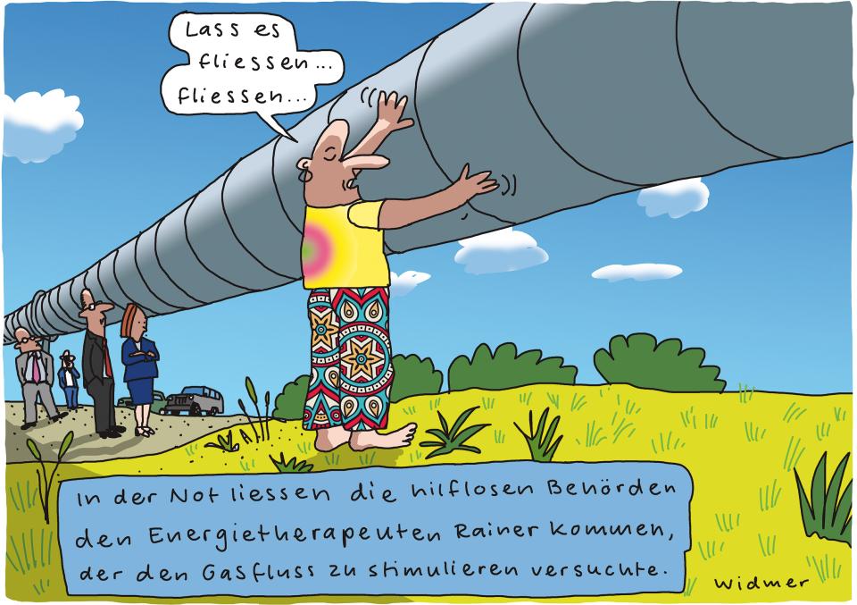 Comic von Ruedi Widmer: Ein «Energietherapeut» hält seine heilenden Hände an eine Gaspipeline