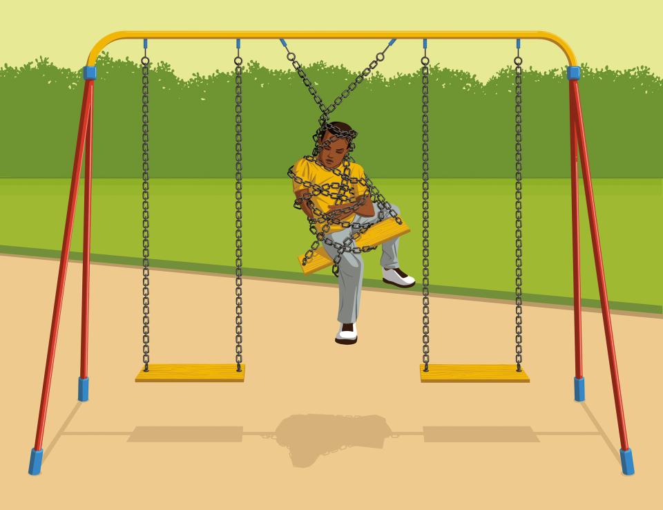 Illustration: Ein Junge ist auf einer Spielplatz-Schaukel gefesselt von den Schaukel-Ketten