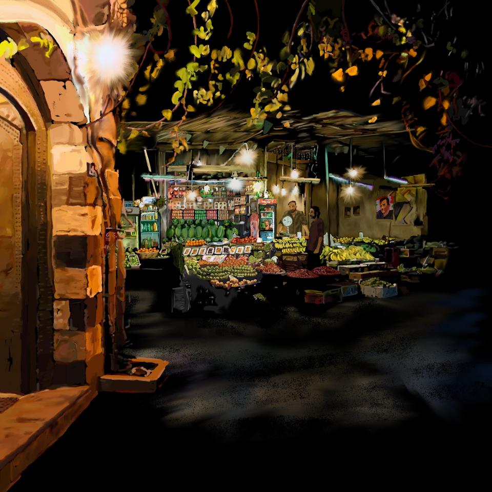 Illustration: Marktstand am Abend in Damaskus mit Lebensmitteln
