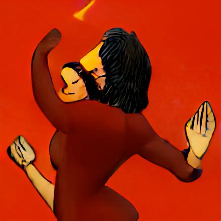 ein durch eine KI erzeugtes Bild: Tanzende Figur auf rotem Grund