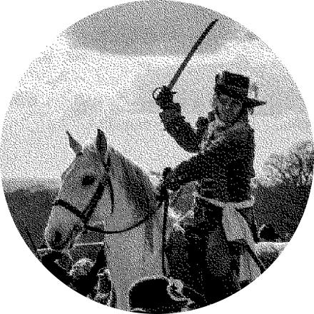 stilisiertes Foto: ein Reiter auf einem Pferd, welcher einen Degen in der Hand hält