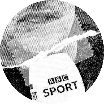 Fotomontage: zusammengeklebtes Foto einer männlichen Person welche in ein BBC-Sport-Mikrofon spricht